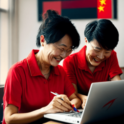 Happy Chinese couple  typing a CV
