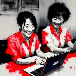 Happy japanese couple  typing a CV