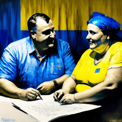 Happy Ukranian couple  typing a CV